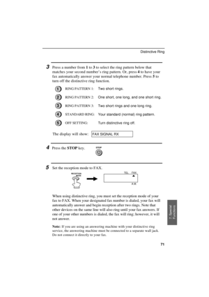 Page 73
3Press a number from 1 to 3 to select the ring pattern below that
matches your second number’s ring pattern. Or, press 4 to have your
fax automatically answer your normal telephone number. Press 5 to
turn off the distinctive ring function.
RING PATTERN 1:
Two short rings.
RING PATTERN 2:
One short, one long, and one short ring.
RING PATTERN 3:
Two short rings and one long ring.
STANDARD RING:
Your standard (normal) ring pattern.
OFF SETTING:
Turn distinctive ring off.
The display will show:
1
3
2
4
5...