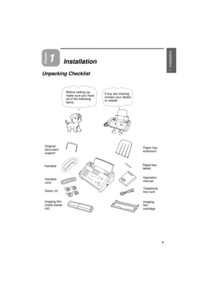 Page 9UX300U-ISUNRT
Chapter1Installation
Unpacking Checklist
1. Installation 
Before setting up,
make sure you have
all of the following
items.If any are missing,
contact your dealer
or retailer.
Handset
Handset
cord
Telephone
line cord
Imaging film
(initial starter
roll)Rapid key
labels
Operation
manual
Imaging
film
cartridge Paper tray
extension Original
document
support
Gears (4)
7 