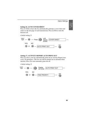 Page 97
Setting 16: AUTO COVER SHEET
Press 1 (YES) to have the fax automatically generate a cover sheet and
send it as the last page of each transmission. Press 2 (NO) to turn the
function off.
·Initial setting: 2
FUNCTION4Pressuntil
display 
shows:COVER SHEET
STOP21
YES NO
or
AUTO PRINT OUT
Setting 17: ACTIVITY REPORT AUTO PRINT OUT
Press 1 to have your fax automatically print out an Activity Report once
every 30 operations. (The list can still be printed out on demand when
desired.) Press 2 to turn automatic...