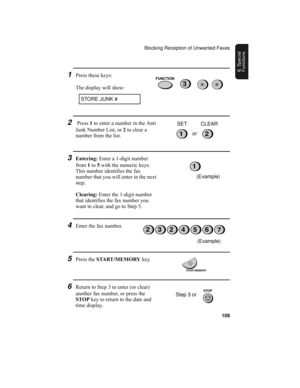 Page 111Blocking Reception of Unwanted Faxes
109
8. Special 
Functions
3Entering: Enter a 1-digit number 
from 1 to 5 with the numeric keys. 
This number identifies the fax 
number that you will enter in the next 
step.
Clearing: Enter the 1-digit number 
that identifies the fax number you 
want to clear, and go to Step 5.
4Enter the fax number.
6Return to Step 3 to enter (or clear) 
another fax number, or press the 
STOP key to return to the date and 
time display.
5Press the START/MEMORY key.
1
Step 3 or...