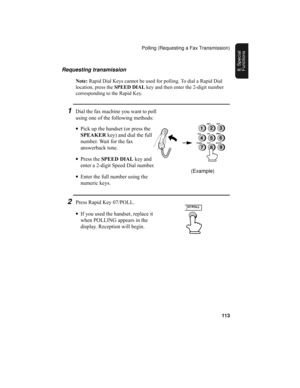 Page 115Polling (Requesting a Fax Transmission)
113
8. Special 
Functions
1Dial the fax machine you want to poll 
using one of the following methods:
•Pick up the handset (or press the 
SPEAKER key) and dial the full 
number. Wait for the fax 
answerback tone.
•Press the SPEED DIAL key and 
enter a 2-digit Speed Dial number.
•Enter the full number using the 
numeric keys.
2Press Rapid Key 07/POLL.
•If you used the handset, replace it 
when POLLING appears in the 
display. Reception will begin.
(Example)
2
5...