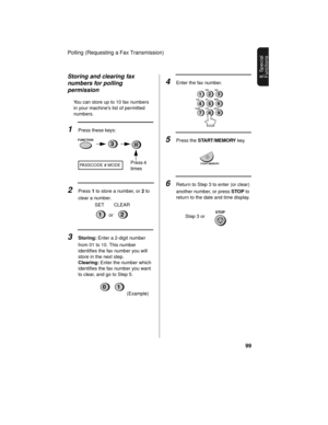 Page 101Polling (Requesting a Fax Transmission)
99
8. Special 
Functions
2Press 1 to store a number, or 2 to 
clear a number.
3Storing: Enter a 2-digit number 
from 01 to 10. This number 
identifies the fax number you will 
store in the next step.
Clearing: Enter the number which 
identifies the fax number you want 
to clear, and go to Step 5.
(Example)
4Enter the fax number.
5Press the START/MEMORY key.
6Return to Step 3 to enter (or clear) 
another number, or press STOP to 
return to the date and time...