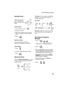 Page 125Quick Reference Guide
123
Sending Faxes
Place your document 
(up to 10 pages) face 
down in the document 
feeder.
Normal Dialing 
1. Lift the handset or press 
2. Dial the fax number. 
3. Wait for the reception tone (if a person 
answers, ask them to press their Start 
key). 
4. Press:
Rapid Key Dialing
Press the appropriate Rapid Key. 
Transmission will begin automatically.
Speed Dialing  
1. Press: 
2. Enter the 2-digit Speed Dial number. 
3. Press:
SPEAKER
SPEED
DIAL
Receiving Faxes
Press the...