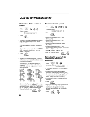 Page 126124
Guía de referencia rápida
Introducción de su nombre y 
número
1. Pulse:
El visor muestra:
2. Pulse:
3. Introduzca su número de telefax (20 dígitos 
como máx.) mediante pulsación de las 
teclas numéricas. 
•Pulse la tecla # para introducir un espacio 
libre.
•Si cometiera un error, pulse la tecla SPEED 
DIAL (marcación rápida) para volver un 
puesto y corregirlo.
4. Pulse:
5. Introduzca su nombre mediante pulsación 
de las teclas numéricas adecuadas como se 
muestra a continuación. 
•Para introducir...