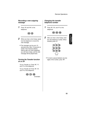 Page 55Remote Operations
53
3. Answering 
Machine
2When you hear a short beep, speak 
into the telephone to record the 
new message.
•The message can be up to 15 
seconds long. After 15 seconds (or 
earlier if the machine detects 
silence after you finish speaking), 
you will hear a beep, and the new 
message will be played back.
Turning the Transfer function 
on or off
To turn Transfer on: Press 9, 1, 
and # on the telephone.
To turn Transfer off: Press 9, 2, 
and # on the telephone.
1
(Example)
9
Changing the...