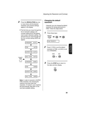 Page 61Adjusting the Resolution and Contrast
59
4. Sending
Documents
2Press the RESOLUTION key one 
or more times until the desired 
resolution and contrast settings 
appear in the display.
•The first time you move through the 
list of resolution settings, the 
contrast setting AUTO will appear 
next to each resolution setting. The 
second time you move through the 
list, the contrast setting DARK will 
appear.
STANDARD    :AUTO
FINE                 :AUTO
SUPER FINE  :AUTO
HALF TONE    :AUTO
STANDARD    :DARK...