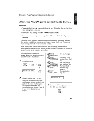 Page 89Distinctive Ring (Requires Subscription to Service)
87
8. Special 
Functions
RING 
PATTERN 1Two short rings
RING 
PATTERN 2One short, one 
long, and one short 
ring
RING 
PATTERN 3Two short rings 
and one long ring
STANDARD 
RINGYour standard 
(normal) ring 
pattern
OFF 
SETTINGTurn distinctive 
ring off
Distinctive Ring (Requires Subscription to Service)
Important:
♦To use distinctive ring, you must subscribe to a distinctive ring service from 
your local phone company.
♦Distinctive ring is only...