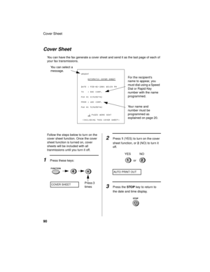 Page 92Cover Sheet
90
Cover Sheet
You can have the fax generate a cover sheet and send it as the last page of each of 
your fax transmissions.
Follow the steps below to turn on the 
cover sheet function. Once the cover 
sheet function is turned on, cover 
sheets will be included with all 
tranmissions until you turn it off.
1Press these keys:
You can select a 
message.
For the recipients 
name to appear, you 
must dial using a Speed 
Dial or Rapid Key 
number with the name 
programmed.
Your name and 
number...