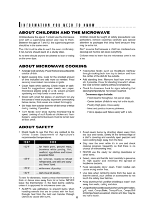 Page 86
SEC R-820BK/W O/M
TINSEB007WRRZ-D31 SEC R-820BK/W O/M
ABOUT MICROWAVE COOKING
•Arrange food carefully. Place thickest areas towards
outside of dish.
•Watch cooking time. Cook for the shortest amount
of time indicated and add more as needed. Food
severely overcooked can smoke or ignite.
•Cover foods while cooking. Check recipe or cook-
book for suggestions: paper towels, wax paper,
microwave plastic wrap or a lid. Covers prevent
spattering and help foods to cook evenly.
•Shield with small flat pieces of...