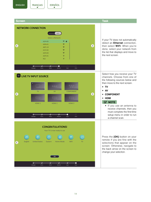 Page 1614
ScreenTask
If your TV does not automatically 
detect an 
Ethernet connection, 
then select  WiFi. When you’re 
done, select your network from 
the list that displays and move to 
the next screen.
Select how you receive your TV 
channels. Choose from one of 
the following sources below and 
then move to the next screen.
•	 TV
•	 AV
•	 COMPONENT
•	 HDMI
NOTE
•	If you use an antenna to 
receive channels, then you 
must complete the first-time 
setup menu in order to run 
a channel scan.
Press the  [OK]...
