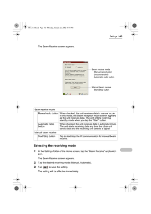 Page 108Settings103
The Beam Receive screen appears.  
  
Selecting the receiving mode
1.In the Settings folder of the Home screen, tap the “Beam Receive” application 
icon.
The Beam Receive screen appears.
2.Tap the desired receiving mode (Manual, Automatic).
3.Tap   to save the setting.
The setting will be effective immediately. Beam receive mode
Manual radio button When checked, the unit receives data in manual mode.
In this mode, the Beam reception mode screen appears 
as the unit receives data. The unit...