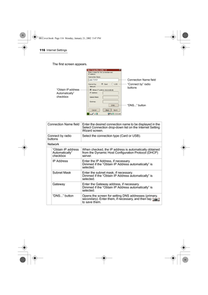 Page 121116Internet Settings
The first screen appears. 
Connection  Name  field Enter the desired connection name to be displayed in the 
Select Connection drop-down list on the Internet Setting 
Wizard screen.
Connect by radio 
buttonsSelect the connection type (Card or USB).
Network
“Obtain IP address 
Automatically” 
checkboxWhen checked, the IP address is automatically obtained 
from the Dynamic Host Configuration Protocol (DHCP) 
server.
IP Address Enter the IP Address, if necessary.
Dimmed if the “Obtain...