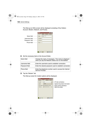 Page 135130Internet Settings
The Dial-up (or IrDA) screen will be displayed consisting of four folders: 
Account, Modem, Network, and Proxies.
2.Set the necessary items in the Account folder.
3.Tap the “Modem” tab.
The Dial-up screen for modem options will be displayed. Name field Change the name, if necessary. This name is displayed 
when you tap the Network Status icon on the taskbar.
Username field Enter the username used to establish connection.
Password field Enter the desired password used to establish...