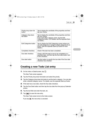 Page 28Todo List23
Creating a new Todo List entry
1.On the Index or Detail screen, tap  .
The New Task screen appears.
2.Tap the Priority drop-down list button and select the priority.
3.Tap the Category drop-down list button to set the task’s category. You can also 
enter a desired category name. For details, see the separate Start-up Guide.
4.If the task has a due date, check the Due date checkbox.
5.Tap the Due Date button and then tap the due date from the pop-up Calendar 
screen.
6.Tap the text field and...