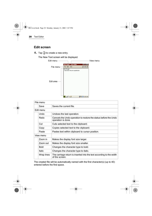 Page 3328Text Editor
Edit screen
1.Tap   to create a new entry.
The New Text screen will be displayed.
The created file will be automatically named with the first character(s) (up to 40) 
entered before the first space.File menu
Save Saves the current file.
Edit menu
Undo Undoes the last operation. 
Redo Cancels the Undo operation to restore the status before the Undo 
operation is done.
Cut Cuts selected text to the clipboard.
Copy Copies selected text to the clipboard.
Paste Pastes text within clipboard to...