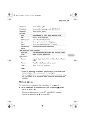 Page 38Media Player33
Note:
• To find the desired file, press the first few characters of the file name on the 
hardware keyboard. The focus moves to the matching file.
• You can copy files stored on a memory card to the Documents folder by using 
the Copy function on the Documents Details screen (see the separate Start-
up Guide).
Playback screens
The Playback screen varies depending on the type of file being played.
1.On the Index screen, tap the file you want to play and then tap  , or press 
 or the SELECT...