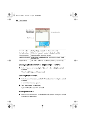 Page 5550Opera Browser
 
Displaying the bookmarked page using bookmarks
1.On the Bookmark list screen, tap the “Go” radio button and tap the desired 
bookmark.
The selected Web page will be displayed.
Deleting the bookmark
1.On the Bookmark list screen, tap the “Del” radio button and then tap the desired 
bookmark.
A confirmation message appears.
2.Tap “Yes” to delete the bookmark.
If you tap “No”, the deletion is canceled.
Editing bookmarks
1.On the Bookmark list screen, tap the “Edit” radio button and then...