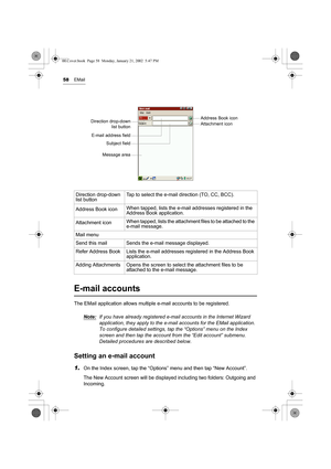 Page 6358EMail
E-mail accounts
The EMail application allows multiple e-mail accounts to be registered.
Note:
If you have already registered e-mail accounts in the Internet Wizard 
application, they apply to the e-mail accounts for the EMail application. 
To configure detailed settings, tap the “Options” menu on the Index 
screen and then tap the account from the “Edit account” submenu. 
Detailed procedures are described below.
Setting an e-mail account
1.On the Index screen, tap the “Options” menu and then tap...