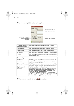 Page 6560EMail
3.Tap the “Incoming” tab to set the receiving options.
4.When you have finished settings, tap   to save them. Choose account type 
drop-down list buttonTap to select the desired account type (POP, IMAP)
Username field Enter login name used to log in to an e-mail system.
Password field Enter password used to log in to an e-mail system.
Server  field Enter name of the server used to receive e-mail messages
Port field Enter server port number for receiving e-mail messages. 
(default setting: 110)....