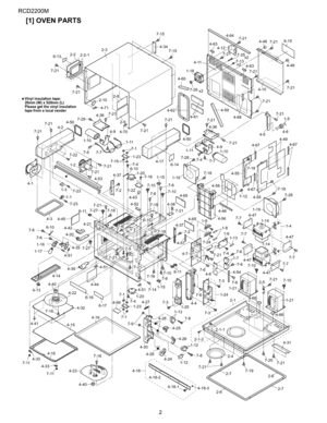 Page 46RCD2200M
 2
[1] OVEN PARTS
2-6
2-7 7-21
7-19 7-21 7-8
1-121-12
4-18-3 4-18-1 4-18-2 4-184-244-26 4-28
4-284-31 2-1
2-1-22-1-1
7-20
2-5
2-6
2-72-4
4-40
4-23
7-87-37-37-10
7-21
7-107-77-7
1-241-4 1-19
1-14
1-14
1-21
1-21 7-6
7-9 7-1 7-17-21 7-21 7-277-277-21 7-23 7-22 7-217-217-29
7-21
7-21
7-23
7-18
7-5 7-67-6
7-18 7-18
7-4
7-3
7-16
4-66 4-66
4-25
4-16
4-15
4-224-44
4-41
4-40
4-13
4-394-35 4-20 4-424-21 4-45 4-31-11-2
1-3
1-16
1-17
4-51
4-51
4-51
7-6
7-66-106-10 6-106-14
6-11
4-14
4-326-17 6-16
4-194-69...