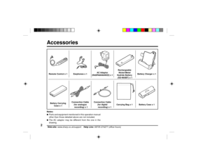 Page 22
Web-site: www.sharp.co.uk/support    Help Line: 08705 274277 (office hours)AccessoriesNotes:lParts and equipment mentioned in this operation manual
other than those detailed above are not included.lThe AC adaptor may be different from the one in the
drawing.
Rechargeable
AC Adaptor Nickel-Metal
Remote Control x 1 Earphones x 1
(RADPA8046AWZZ) x 1
Hydride BatteryBattery Charger x 1
 (AD-N55BT) x 1
Battery CarryingConnection Cable Connection Cable
Case x 1(for analogue (for digital Carrying Bag x 1...