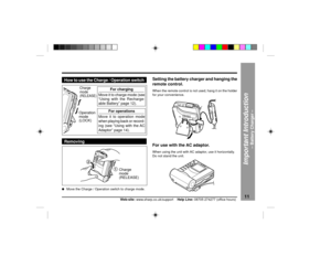 Page 11DEUTSCH
FRAN‚AIS
ESPA„OL
SVENSKA
ITALIANO
NEDERLANDS
ENGLISH
11
Web-site: www.sharp.co.uk/support    Help Line: 08705 274277 (office hours)
Important Introduction
Ð Battery Charger Ð
About the Battery Charger : continued
2
1
How to use the Charge / Operation switchRemoving
Charge
mode(RELEASE)Operation
mode
(LOCK)For charging
Move it to charge mode (see
ÒUsing with the Recharge-
able BatteryÓ page 12).
For operations
Move it to operation mode
when playing back or record-
ing (see ÒUsing with the AC...