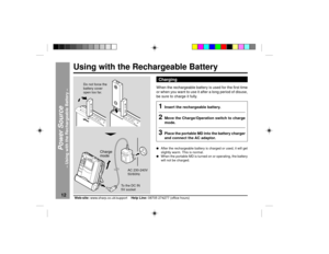 Page 1212
Web-site: www.sharp.co.uk/support    Help Line: 08705 274277 (office hours)
Power Source
Ð Using with the Rechargeable Battery Ð
Using with the Rechargeable Battery
ChargingWhen the rechargeable battery is used for the first time
or when you want to use it after a long period of disuse,
be sure to charge it fully.l
After the rechargeable battery is charged or used, it will get
slightly warm. This is normal.
l
When the portable MD is turned on or operating, the battery
will not be charged.
To the DC...