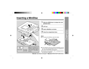 Page 1717
Web-site: www.sharp.co.uk/support    Help Line: 08705 274277 (office hours)
Inserting a MiniDisc
1
Slide the OPEN lever to release the com-
partment door.
2
Lift it up.
3
Insert a MiniDisc as shown.
4
Close the compartment door.
Notes:lDo not place the MiniDisc under the holder.lIf any resistance is felt, do not force the MiniDisc into the
unit, as it may cause damage to the unit. If resistance is
felt, remove the MiniDisc and reload it.lThe lid can not be opened if ÒTOCÓ is displayed 
refer to
the...