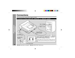 Page 1818
Web-site: www.sharp.co.uk/support    Help Line: 08705 274277 (office hours)
AUDIO OUTRIGHT LEFT
Connections
To the wall socket To the
DC IN 5V socket
Red : To Right
White : To Left
To the OPTICAL/
LINE IN socket
To a stereo system with ÒAUDIO OUTÓ or ÒLINE OUTÓ
sockets. (See left, Analogue connection.)
Note:
If the audio system has only one pair of sockets, they are
usually for input only and recording via this connection is not
possible.
AC 230-240V
50/60HzTo connect to a stereo system with ÒAUDIO...