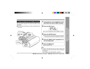 Page 3333
Web-site: www.sharp.co.uk/support    Help Line: 08705 274277 (office hours)
1
During playback, press the 
06 0606 06
06 button at the
point where you want to begin recording.
2
Press the REC button.lTo cancel the operation, press the ¥ n / :OFF button.
3
Press the ENTER button.lAll of the tracks and track names will be erased,
following the point where the playback is paused.
4
Press the  MODE  button repeatedly to se-
lect recording mode.
5
Press the 
06 0606 06
06 button.lRecording will start....