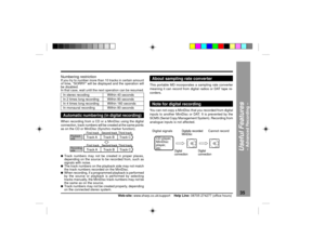 Page 3535
Web-site: www.sharp.co.uk/support    Help Line: 08705 274277 (office hours)
Useful Features
Ð Advanced Recording Ð
Automatic numbering (in digital recording)When recording from a CD or a MiniDisc using the digital
connection, track numbers will be created at the same points
as on the CD or MiniDisc (Synchro marker function).lTrack numbers may not be created in proper places,
depending on the source to be recorded from, such as
signals with noise.lThe track numbers on the playback side may not match...