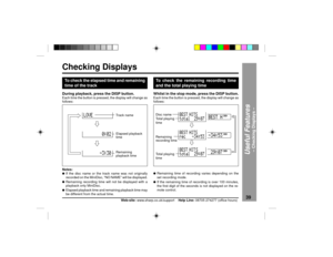 Page 3939
Web-site: www.sharp.co.uk/support    Help Line: 08705 274277 (office hours)
Useful Features
Ð Checking Displays Ð
Checking Displays
To check the remaining recording time
and the total playing timeWhilst in the stop mode, press the DISP button.Each time the button is pressed, the display will change as
follows:
Disc name
Total playing
time
Remaining
recording time
Total playing
time
Notes:
lIf the disc name or the track name was not originally
recorded on the MiniDisc, ÒNO NAMEÓ will be...