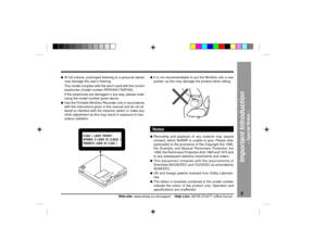 Page 5DEUTSCH
FRAN‚AIS
ESPA„OL
SVENSKA
ITALIANO
NEDERLANDS
ENGLISH
5
Web-site: www.sharp.co.uk/support    Help Line: 08705 274277 (office hours)
lAt full volume, prolonged listening to a personal stereo
may damage the userÕs hearing.
This model complies with the law if used with the correct
earphones (model number RPHOH0176AFSA).
If the earphones are damaged in any way, please order
using the model number given above.lUse the Portable MiniDisc Recorder only in accordance
with the instructions given in this...