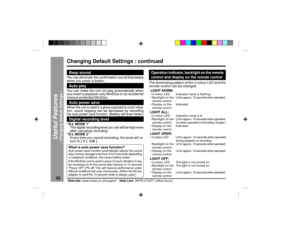 Page 4242
Web-site: www.sharp.co.uk/support    Help Line: 08705 274277 (office hours)
Useful Features
Ð Changing Default Settings Ð
Changing Default Settings : continuedBeep soundYou can eliminate the confirmation sound that beeps
when you press a button.Auto playYou can make the unit not play automatically when
you insert a playback-only MiniDisc or an accidental
erasure protected MiniDisc.Auto power saveWhen the unit is used in a place exposed to much vibra-
tion, sound skipping can be decreased by...