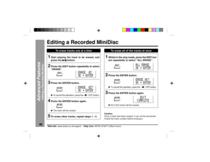 Page 4848
Web-site: www.sharp.co.uk/support    Help Line: 08705 274277 (office hours)Editing a Recorded MiniDisc1
Start playing the track to be erased, and
press the 
06  06 06  06 
06 button.
2
Press the EDIT button repeatedly to select
ÒERASEÓ.
3
Press the ENTER button.lTo cancel the operation, press the ¥ n / :OFF button.
4
Press the ENTER button again.lThe track will be erased.
5
To erase other tracks, repeat steps 1 - 4.
1
Whilst in the stop mode, press the EDIT but-
ton repeatedly to select ÒALL ERASEÓ....