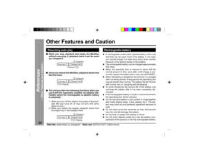Page 5252
Web-site: www.sharp.co.uk/support    Help Line: 08705 274277 (office hours)
References
Ð Other Features and Caution Ð
Resuming auto playnWhen you stop playback and replay the MiniDisc
without removing it, playback starts from the point
you stopped it.
nOnce you remove the MiniDisc, playback starts from
the first track.
nThe unit provides the following functions when you
use it with the separately available car adaptor (AD-
CA55X) (when the rechargeable or alkaline battery
is removed):
1.When you turn...