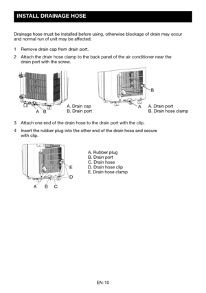 Page 12EN-10
AB
ABC E
D
A
B
INSTALL DRAINAGE HOSE 
Drainage
1 
Remove drain cap from drain port.
2 Attach the drain hose clamp to the back panel of the air conditioner nea\
r the drain port with the screw.
A.	Drain	capB.	Drain	portA.	Drain	portB.	Drain	hose	clamp
A. Rubber plugB.	Drain	portC.	Drain	hose
D.	Drain	hose	clipE.	Drain	hose	clamp
3 Attach one end of the drain hose to the drain port with the clip.
4 Insert the rubber plug into the other end of the drain hose and secure with clip. 