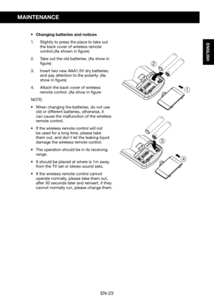 Page 25EN-23
ENGLISH
MAINTENANCE
•	 Changing	batteries	and	notices
1. Slightly to press the place to take out the back cover of wireless remote control.(As	shown	in	figure)
2. Take	out	the	old	batteries.	(As	show	in	figure)
3. Insert	two	new	AAA1.5V	dry	batteries,	and	pay	attention	to	the	polarity.	(As	show	in	figure)
4. Attach the back cover of wireless remote	control.	(As	show	in	figure
NOTE: 
•	 When	changing	the	batteries,	do	not	use	old or different batteries, otherwise, it can cause the malfunction of the...