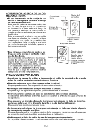 Page 35ES-5
ESPAÑOL
PRECAUCIONES PARA EL USO
•	Asegúrese	de	apagar	 la	unidad	 y	desconectar	 el	cable	 de	suministro	 de	energía	antes	de	realizar	cualquier	mantenimiento	o	limpieza.	
•	No	rocíe	o	derrame	agua	directamente	sobre	la	unidad.		 El	agua	puede	causar	descargas	eléctricas	o	daños	al	equipo.
•	El	desagüe	debe	realizarse	siempre	moviendo	la	unidad.	 Si queda algo de agua en el depósito, podría derramarse al moverse\
.
•	Retire	el	panel	de	ventana	en	caso	de	condiciones	atmósfericas	adversas....