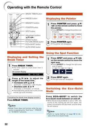 Page 3632
Operating with the Remote Control
Displaying and Setting the
Break Timer
Press BREAK TIMER .•The timer starts to count down from 5
minutes.1
2
Press  P/R /O /Q  to adjust the
length of the break time.
• Increases with  P or  Q
5 minutes  s 6 minutes  s 60 minutes•Shortens with  O or  R4 minutes  s 3 minutes  s1 minute
• The break time can be set in units of one
minute (up to 60 minutes).
On-screen display
Canceling the break timer display function
Press  BREAK TIMER .
•Break Timer does not function...