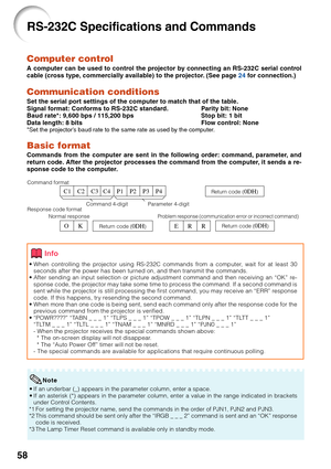 Page 6258
Info
•When controlling the projector using RS-232C commands from a computer, wait for at least 30
seconds after the power has been turned on, and then transmit the commands.
•After sending an input selection or picture adjustment command and then receiving an “OK” re-
sponse code, the projector may take some time to process the command. If a second command is
sent while the projector is still processing the first command, you may receive an “ERR” response
code. If this happens, try resending the...