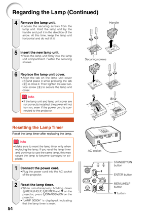 Page 5854
Regarding the Lamp (Continued)
Remove the lamp unit.• Loosen the securing screws from the
lamp unit. Hold the lamp unit by the
handle and pull it in the direction of the
arrow. At this time, keep the lamp unit
horizontal and do not tilt it.
Resetting the Lamp Timer
Reset the lamp timer after replacing the lamp.
Insert the new lamp unit.• Press the lamp unit firmly into the lamp
unit compartment. Fasten the securing
screws.
Replace the lamp unit cover.• Align the tab on the lamp unit cover
(1)and place...