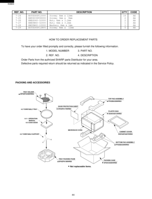 Page 4644
R-930CS
7-24 XOTSD40P12000 Screw; 4mm x 12mm 16 AA
7-25 XHPSD30P08000 Screw; 3mm x  8mm 2 AA
7-26 XNESD40-32000 Nut; 4mm x 3.2mm 2 AA
7-27 XNEUW40-32000 Nut; 4mm x 3.2mm 1 AA
7-28 XWSUW40-10000 Washer; 4mm x 1mm 1 AA
7-29 XOTSD40P12RV0 Screw; 4mm x  12mm 5 AA
REF. NO. PART NO. DESCRIPTION QTY CODE
HOW TO ORDER REPLACEMENT PARTS
To have your order filled promptly and correctly, please furnish the following information.
1. MODEL NUMBER 3. PART NO.
2. REF. NO. 4. DESCRIPTION
Order Parts from the...