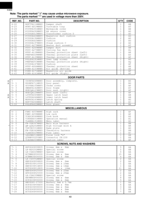 Page 42R-9H56
40
Note: The parts marked D may cause undue microwave exposure.
The parts marked * are used in voltage more than 250V.
REF. NO. PART NO. DESCRIPTION QTY CODE
D
D
D
D
*4-22 NSFTTA114WRE0 Damper shaft 1 AB
4-23 NTNT-A019WRH0 Turntable tray 1 AT
4-24 PCOVPA301WRE0 Waveguide cover 1 AE
4-25 PCOVPA292WRF0 AH sensor cover 1 AD
4-26 PCUSGA410WRP0 Transformer cushion D 1 AD
4-27 PCUSUA424WRP0 Magnetron duct cushion 1 AG
4-28 PCUSUA196WRP0 Cushion 2 AD
4-29 PCUSUA425WRP0 Cushion 1 AG
4-30 PCUSUA197WRP0...