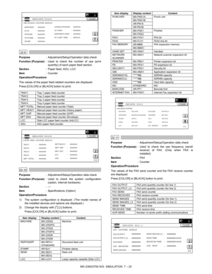 Page 128MX-2300/2700 N/G  SIMULATION  7 – 22
 
22-9
Purpose: Adjustment/Setup/Operation data check
Function (Purpose): Used to check the number of use (print
quantity) of each paper feed section.
Section: Paper feed, ADU, LCC
Item: Counter
Operation/Procedure
The values of the paper feed related counters are displayed.
Press [COLOR] or [BLACK] button to print. 
 
22-10
Purpose: Adjustment/Setup/Operation data check
Function (Purpose): Used to check the system configuration
(option, internal hardware).
Section:—...