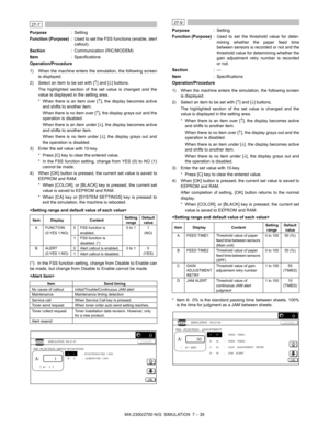 Page 145MX-2300/2700 N/G  SIMULATION  7 – 39
 
27-7
Purpose: Setting
Function (Purpose): Used to set the FSS functions (enable, alert
callout).
Section: Communication (RIC/MODEM)
Item: Specifications
Operation/Procedure
1) When the machine enters the simulation, the following screen
is displayed.
2) Select an item to be set with [↑] and [↓] buttons.
The highlighted section of the set value is changed and the
value is displayed in the setting area.
* When there is an item over [↑], the display becomes active
and...