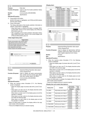 Page 146MX-2300/2700 N/G  SIMULATION  7 – 40
 
27-10
Purpose: Data clear
Function (Purpose): Used to clear the trouble prediction history
information.
Section: Communication (RIC/MODEM)
Item: Specifications
Operation/Procedure
1) Press [EXECUTE] button.
[EXECUTE] button is highlighted, and [YES] and [NO] buttons
become active display.
2) Press [YES] button.
The history information of the trouble prediction information is
cleared. [YES] button is highlighted.
* When [NO] button or [EXECUTE] button is pressed,...