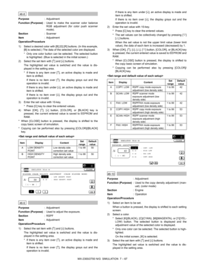 Page 173MX-2300/2700 N/G  SIMULATION  7 – 67
 
46-8
Purpose: Adjustment
Function (Purpose): Used to make the scanner color balance
RGB adjustment (for color push scanner
mode).
Section: Scanner
Item: Adjustment
Operation/Procedure
1) Select a desired color with [B] [G] [R] buttons. (In this example,
[B] is selected.) The data of the selected color are displayed.
* Only one color button can be selected. The selected button
is highlighted. (Blue is selected in the initial screen.)
2) Select the set item with [↑]...