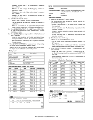 Page 174MX-2300/2700 N/G  SIMULATION  7 – 68 * If there is any item over [↑], an active display is made and
item is shifted.
If there is no item over [↑], the display grays out and the
operation is invalid.
If there is any item under [↓], an active display is made and
item is shifted.
If there is no item over [↓], the display grays out and the
operation is invalid.
4) Enter the set value with 10-key.
* When [C] key is pressed, the input value is cleared.
* The set values can be collectively changed by pressing...