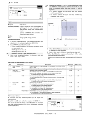 Page 198MX-2300/2700 N/G  SIMULATION  7 – 92
 
50-2
Purpose: Adjustment
Function (Purpose): Used to adjust the copy image position on
print paper in the copy mode and to adjust
the void area (image loss). (Simple adjust-
ment)
(Similar to SIM50-01. This simulation pro-
vides the simpler method.)
Section:–
Item: Image quality (Image position)
Operation/Procedure
1) In advance to this adjustment, execute the magnification ratio
adjustment in the sub scanning direction (SIM48-01).
2) Select TRAYand set 0 to L1 and...